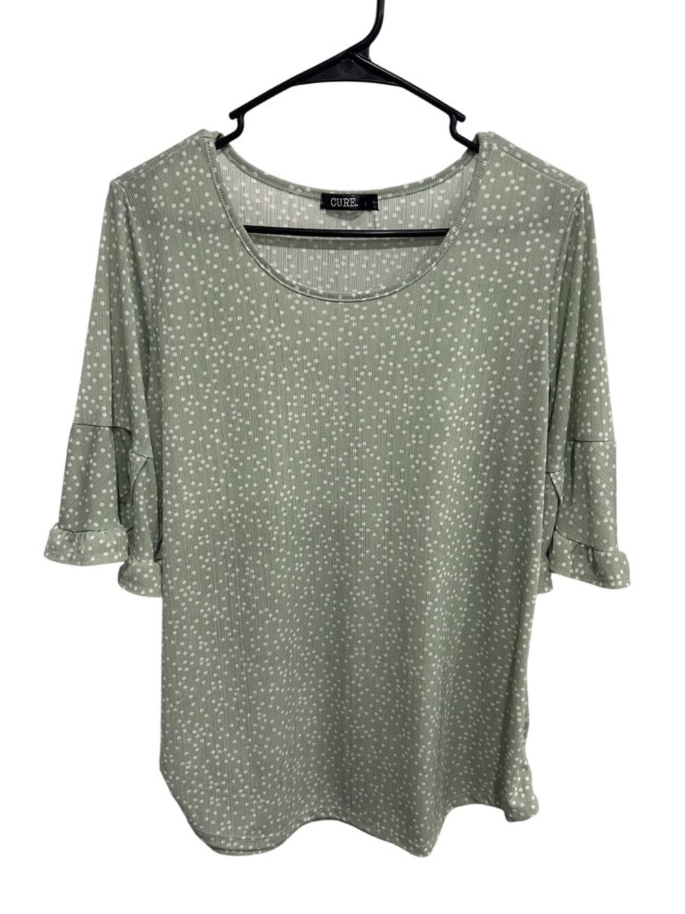 Cure Large Green Polka Dot Ruffle Sleeve Scoop Neck Top Cottagecore Whimsical